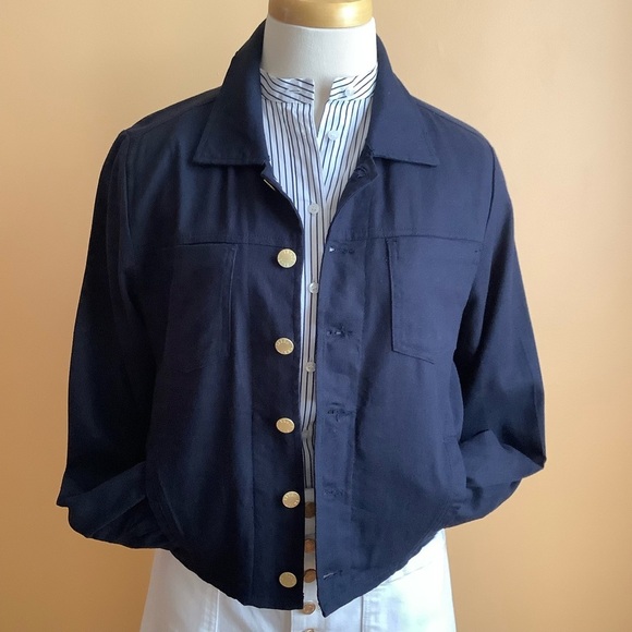 ELLEN TRACY Navy Crop Linen Blend Jacket Size M - Picture 4 of 15